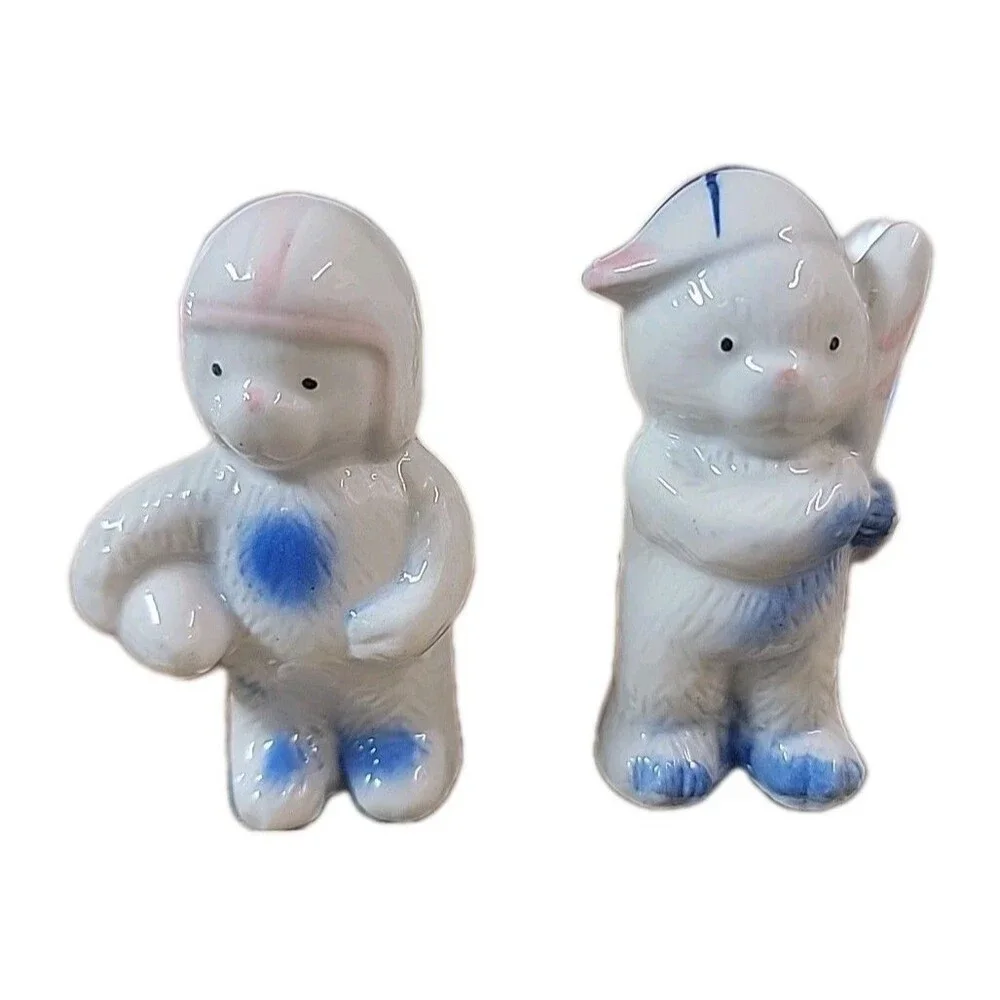 Sports Figurine Bear x 2 Porcelain China Football Basketball 3in 1950s Vintage